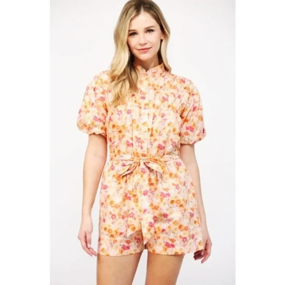 Fate Women's Floral Button Front Romper Elastic Waist Puff Sleeve Tie Belt NWT M
